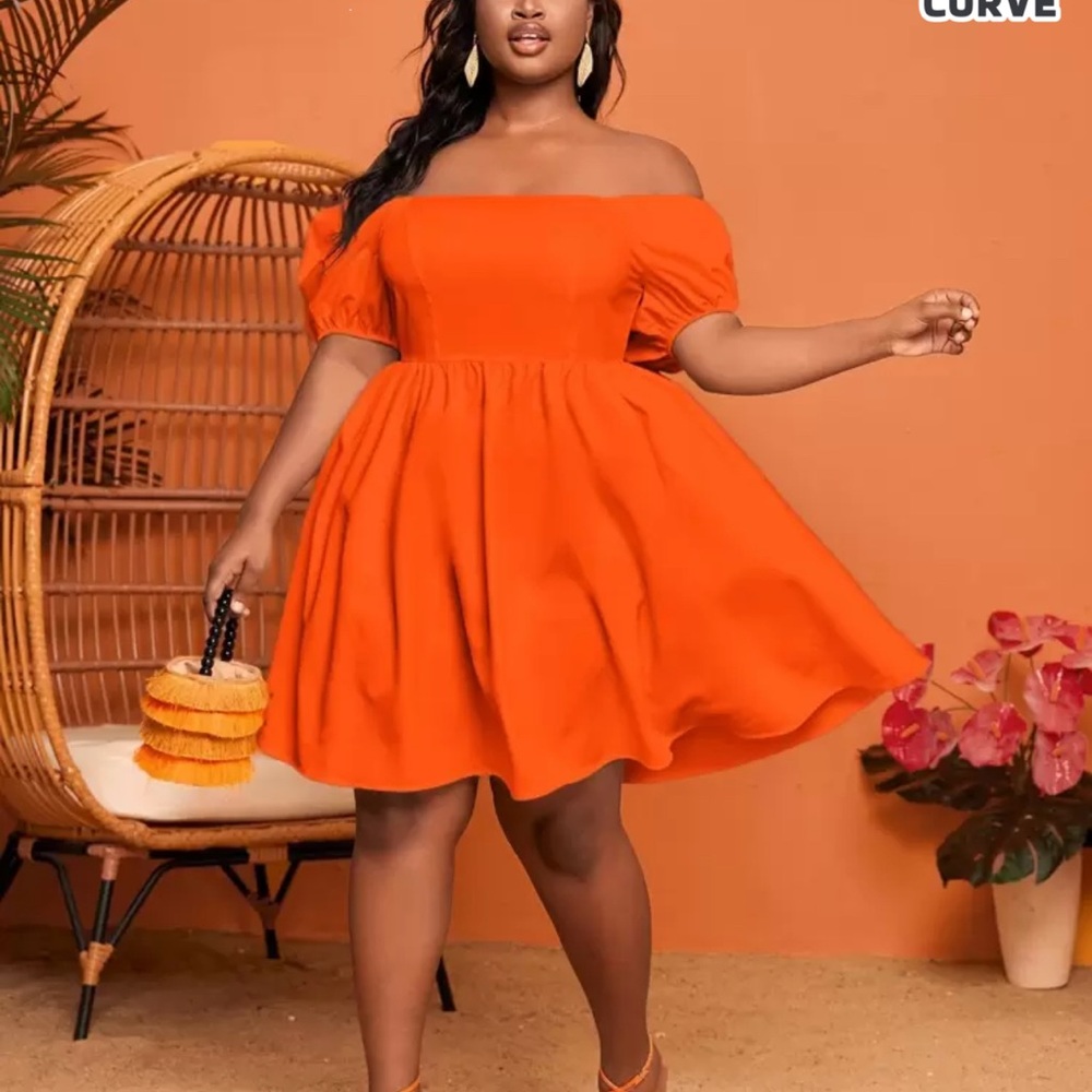 SHEIN Orange Pleated Off-Shoulder Mini Dress